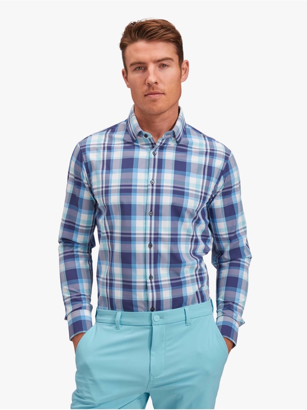 Mizzen+Main Men XXL leeward dress shirt  Button down navy aqua plaid long sleeve